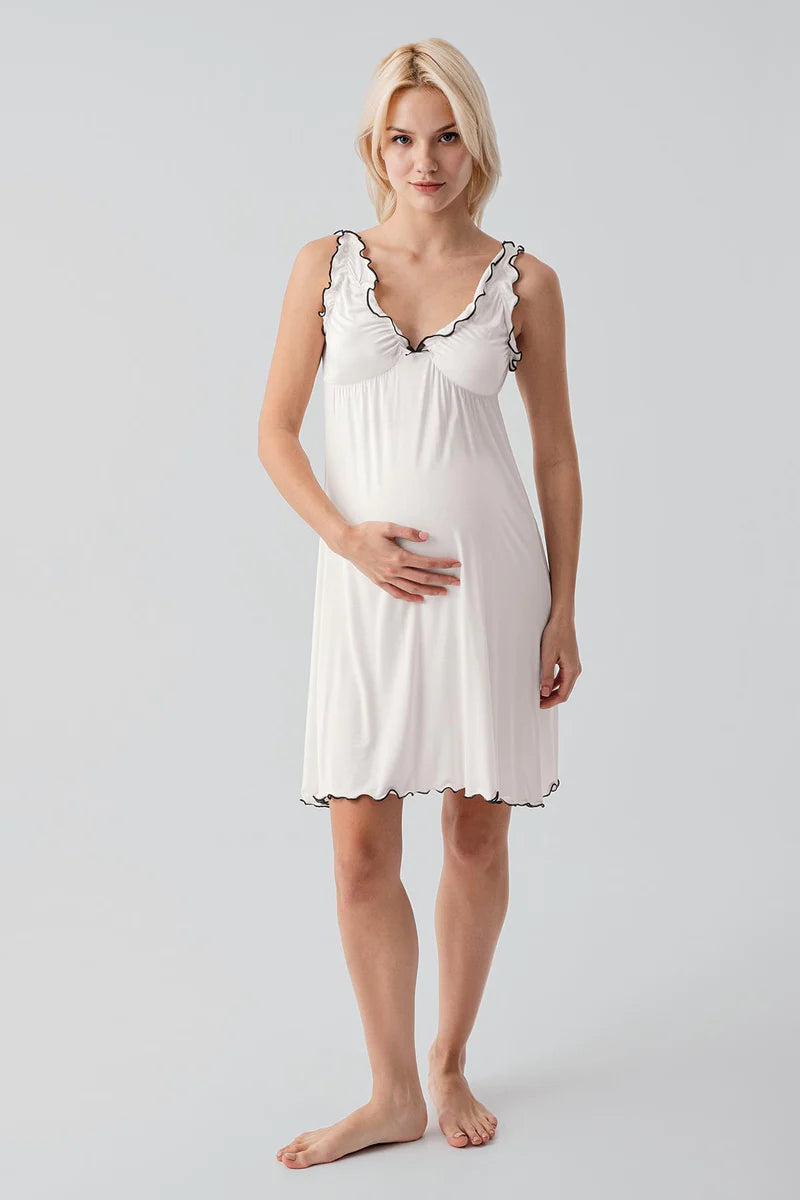 Pleated Piped Strappy Maternity Feeding-Friendly Nightgown & Robe Set Ecru - S19400
