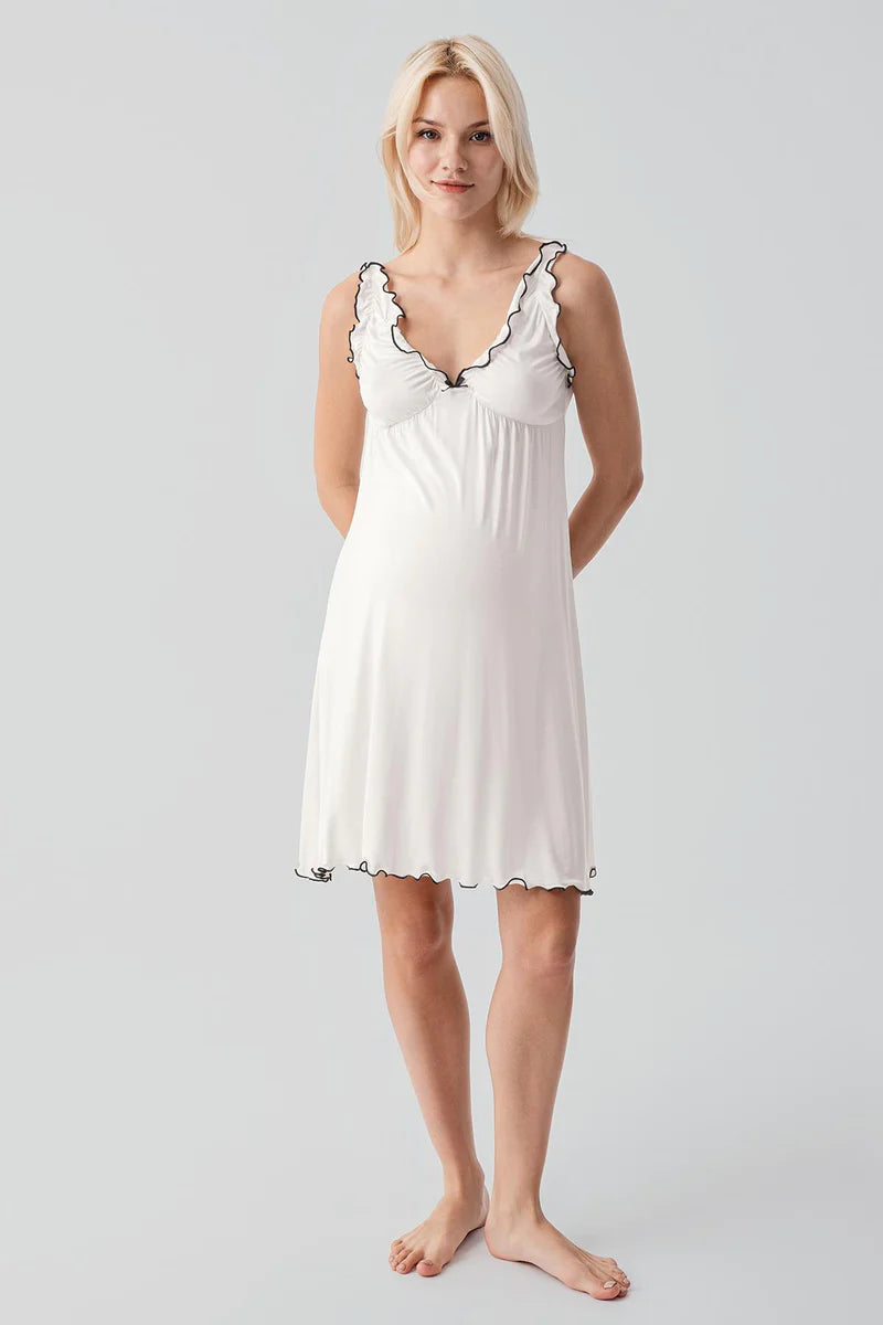 Pleated Piped Strappy Maternity Feeding-Friendly Nightgown & Robe Set Ecru - S19400