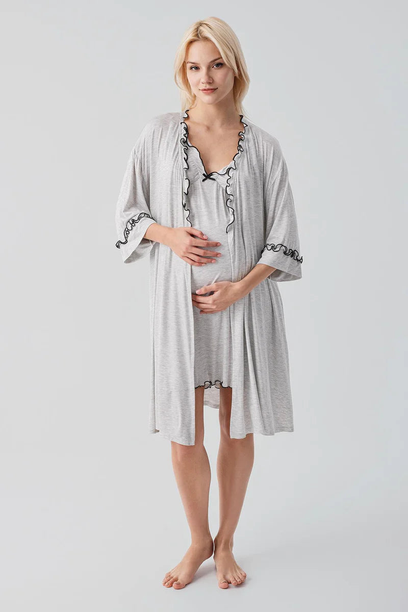 Pleated Piped Strappy Maternity Feeding-Friendly Nightgown & Robe Set Grey - S19400