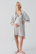 Pleated Piped Strappy Maternity Feeding-Friendly Nightgown & Robe Set Grey - S19400