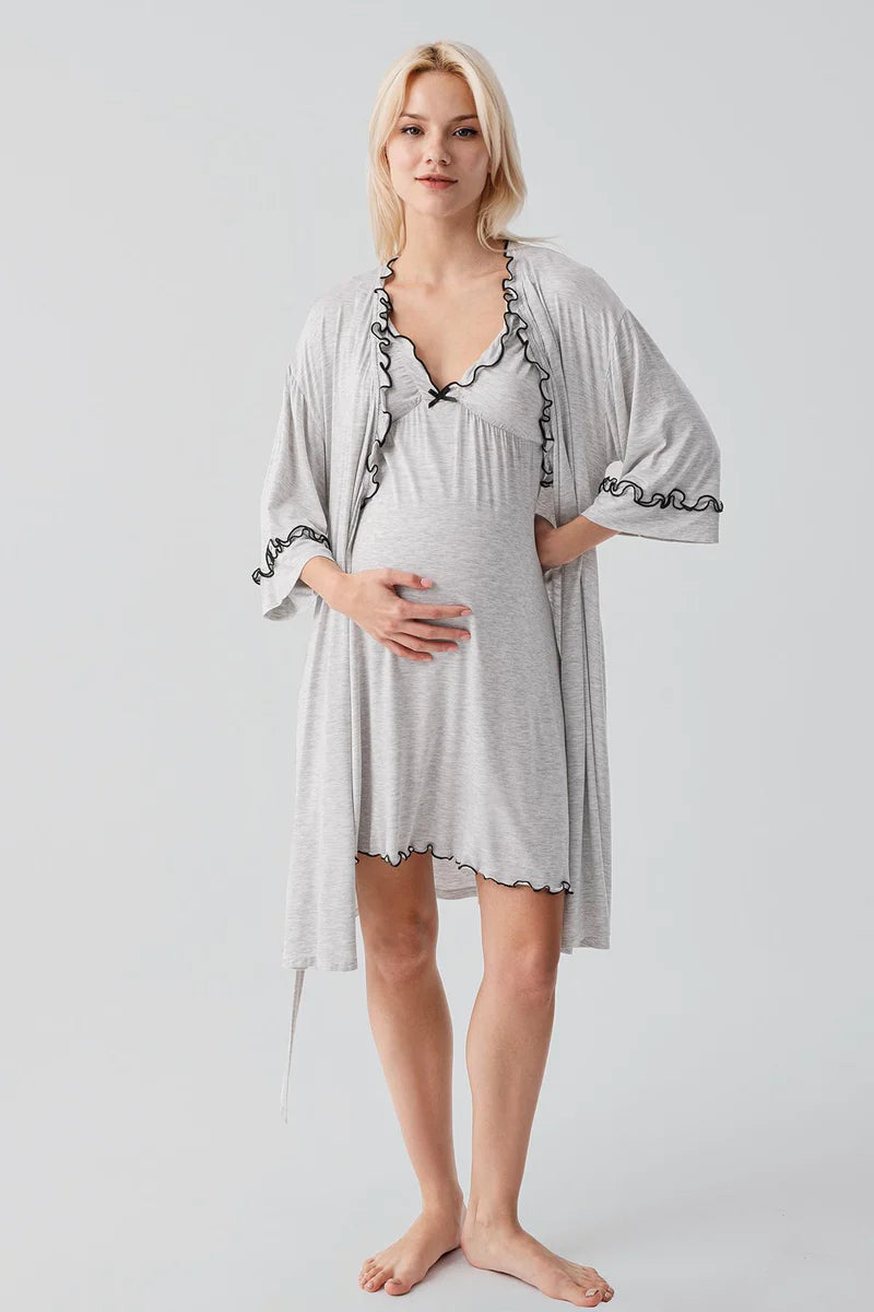 Pleated Piped Strappy Maternity Feeding-Friendly Nightgown & Robe Set Grey - S19400