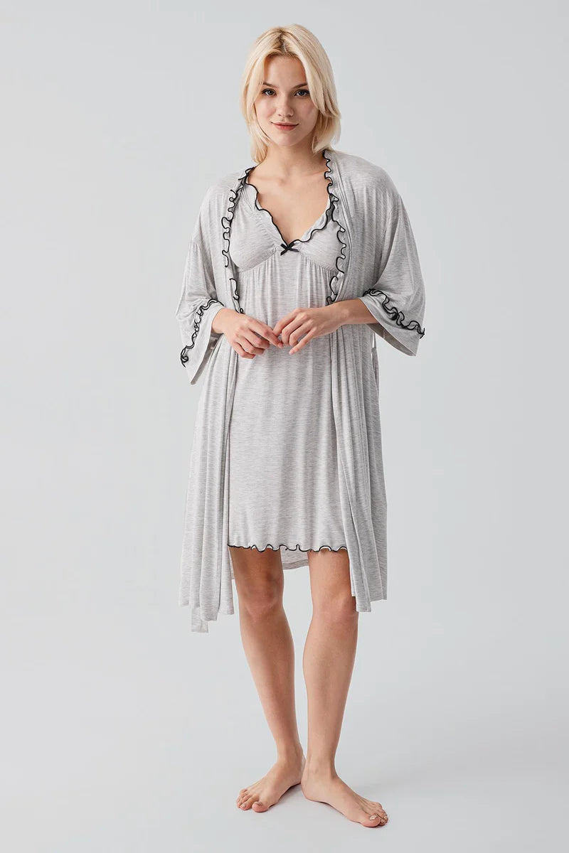 Pleated Piped Strappy Maternity Feeding-Friendly Nightgown & Robe Set Grey - S19400