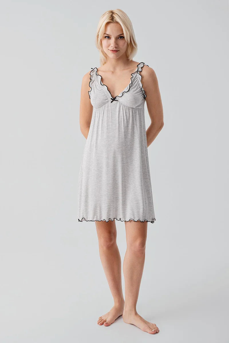 Pleated Piped Strappy Maternity Feeding-Friendly Nightgown & Robe Set Grey - S19400