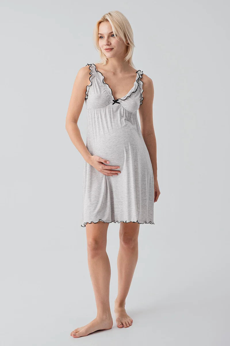 Pleated Piped Strappy Maternity Feeding-Friendly Nightgown & Robe Set Grey - S19400