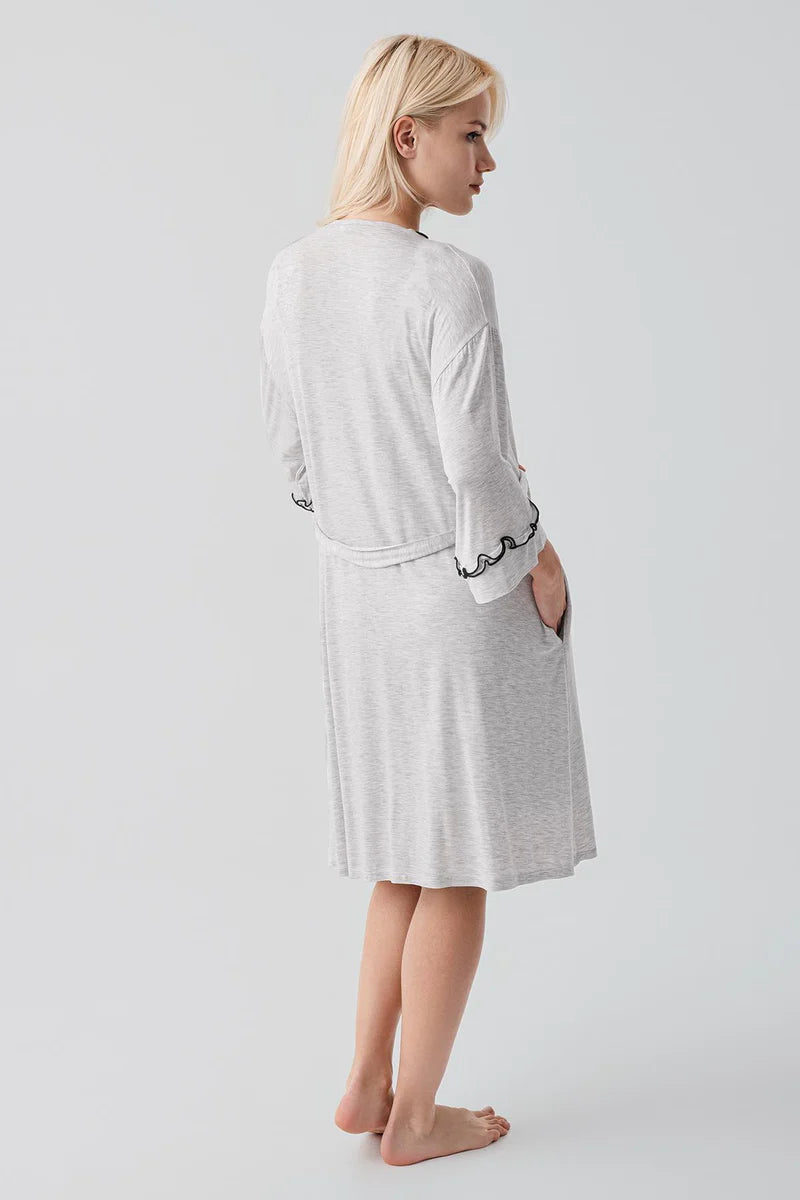 Pleated Piped Strappy Maternity Feeding-Friendly Nightgown & Robe Set Grey - S19400