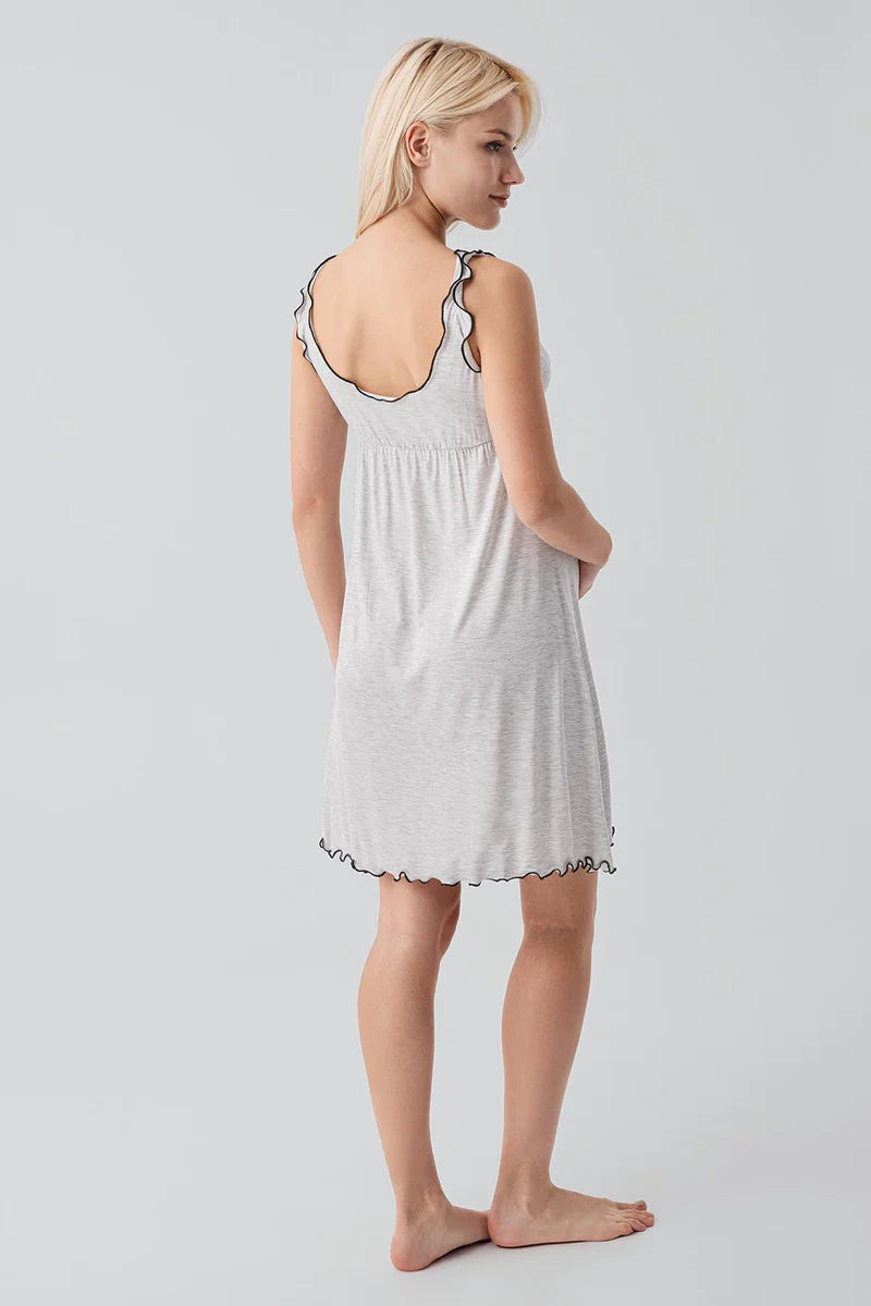 Pleated Piped Strappy Maternity Feeding-Friendly Nightgown & Robe Set Grey - S19400