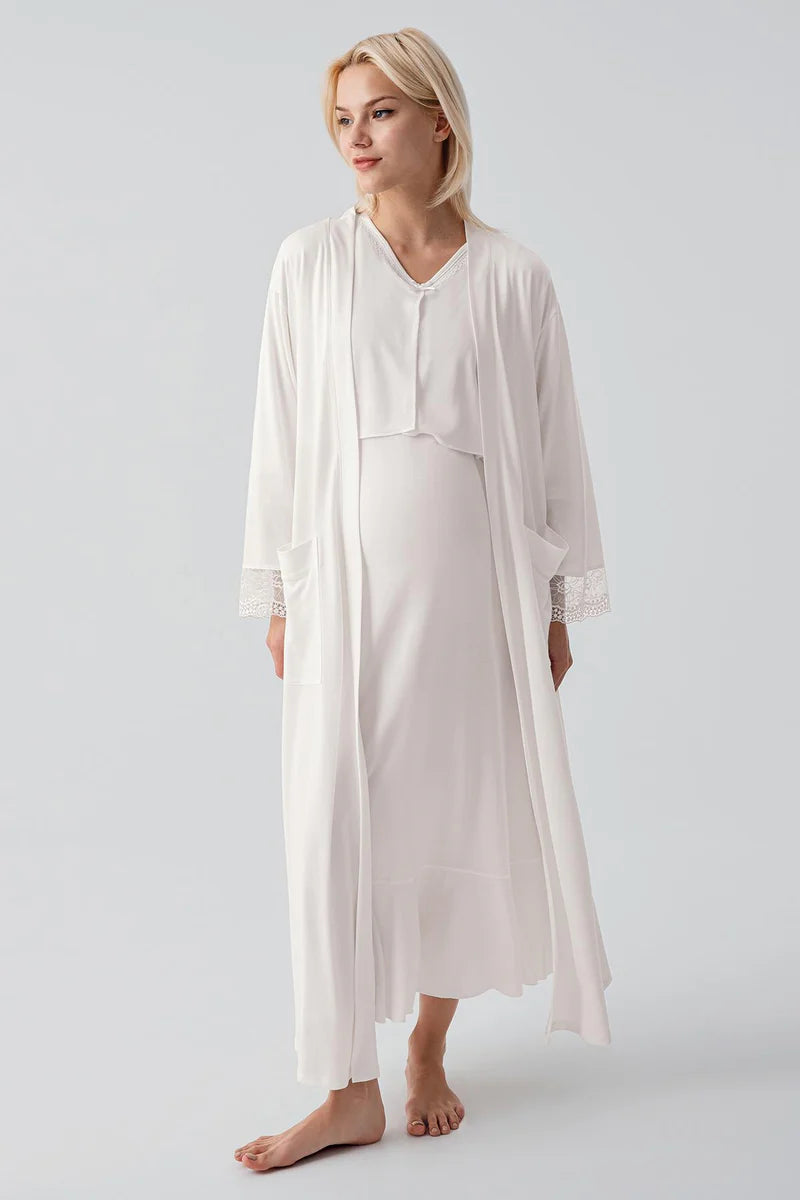 Lace Sleeve Maternity Feeding-Friendly Nightgown & Lace Back Robe Set Ecru - S19401