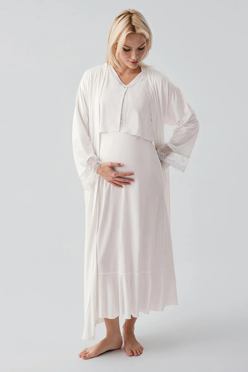 Lace Sleeve Maternity Feeding-Friendly Nightgown & Lace Back Robe Set Ecru - S19401