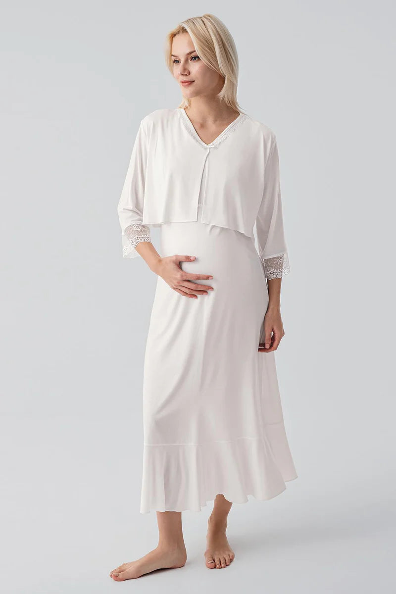 Lace Sleeve Maternity Feeding-Friendly Nightgown & Lace Back Robe Set Ecru - S19401