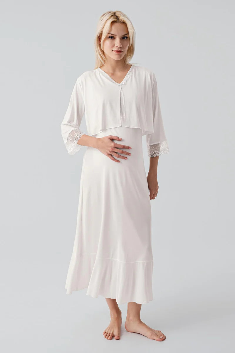 Lace Sleeve Maternity Feeding-Friendly Nightgown & Lace Back Robe Set Ecru - S19401