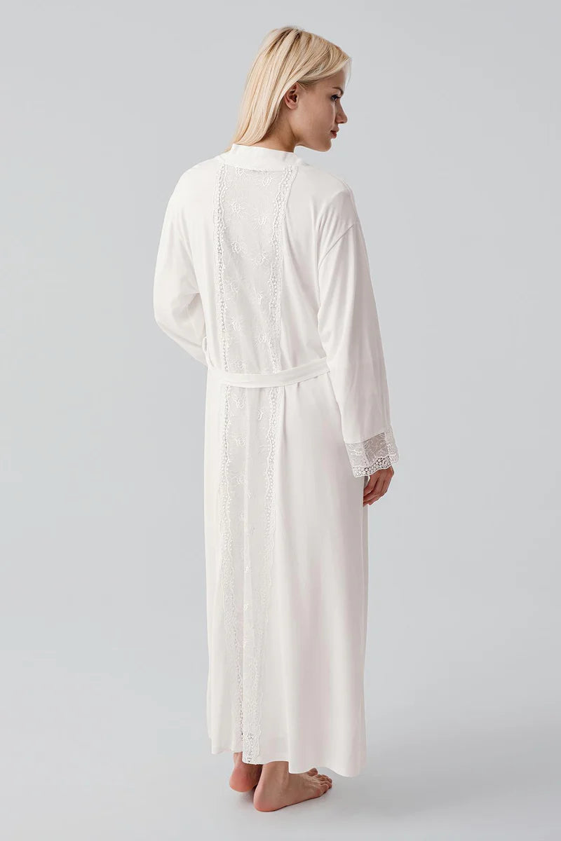 Lace Sleeve Maternity Feeding-Friendly Nightgown & Lace Back Robe Set Ecru - S19401
