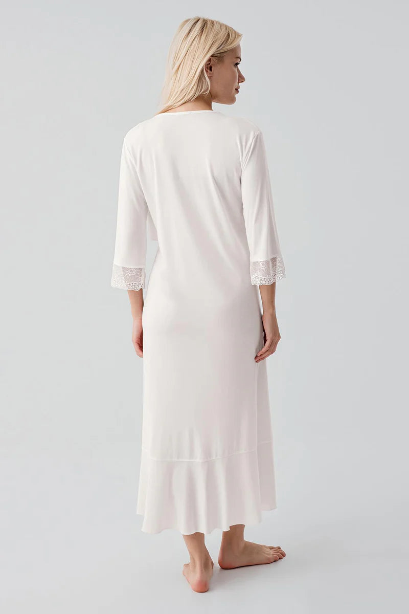 Lace Sleeve Maternity Feeding-Friendly Nightgown & Lace Back Robe Set Ecru - S19401