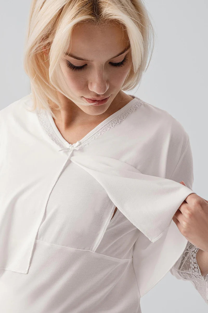 Lace Sleeve Maternity Feeding-Friendly Nightgown & Lace Back Robe Set Ecru - S19401