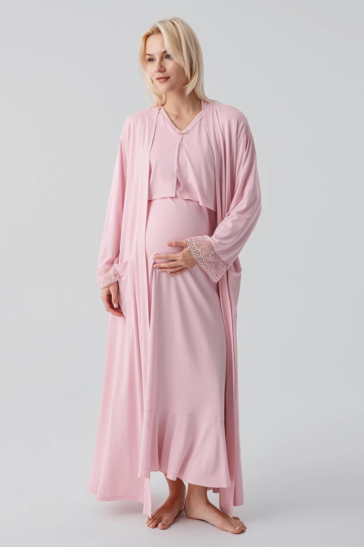 Lace Sleeve Maternity Feeding-Friendly Nightgown & Lace Back Robe Set Powder - S19401