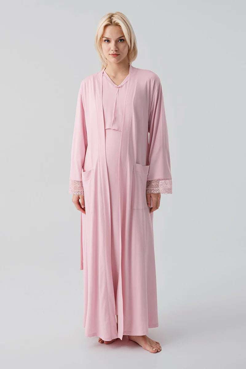 Lace Sleeve Maternity Feeding-Friendly Nightgown & Lace Back Robe Set Powder - S19401