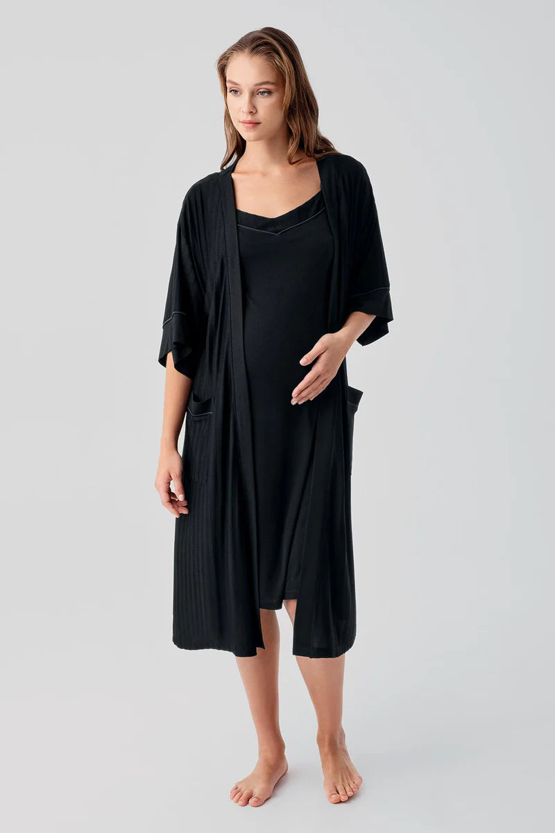 Strappy Stretch Soft Maternity Feeding-Friendly Nightgown & Robe Set Black - S19407