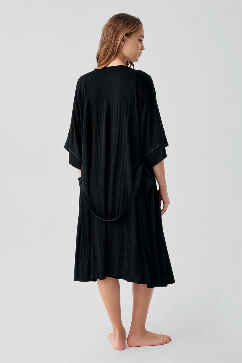 Strappy Stretch Soft Maternity Feeding-Friendly Nightgown & Robe Set Black - S19407