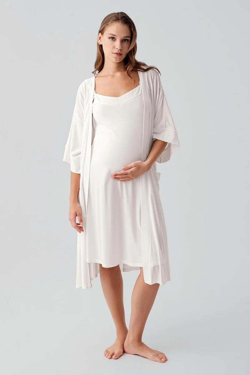 Strappy Stretch Soft Maternity Feeding-Friendly Nightgown & Robe Set Ecru - S19407