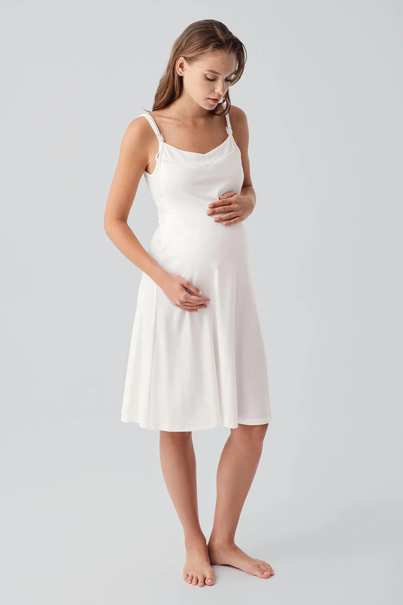 Strappy Stretch Soft Maternity Feeding-Friendly Nightgown & Robe Set Ecru - S19407