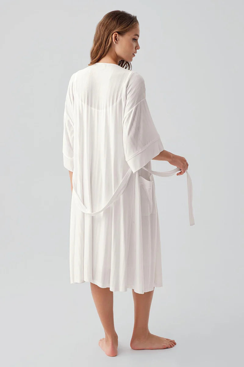 Strappy Stretch Soft Maternity Feeding-Friendly Nightgown & Robe Set Ecru - S19407