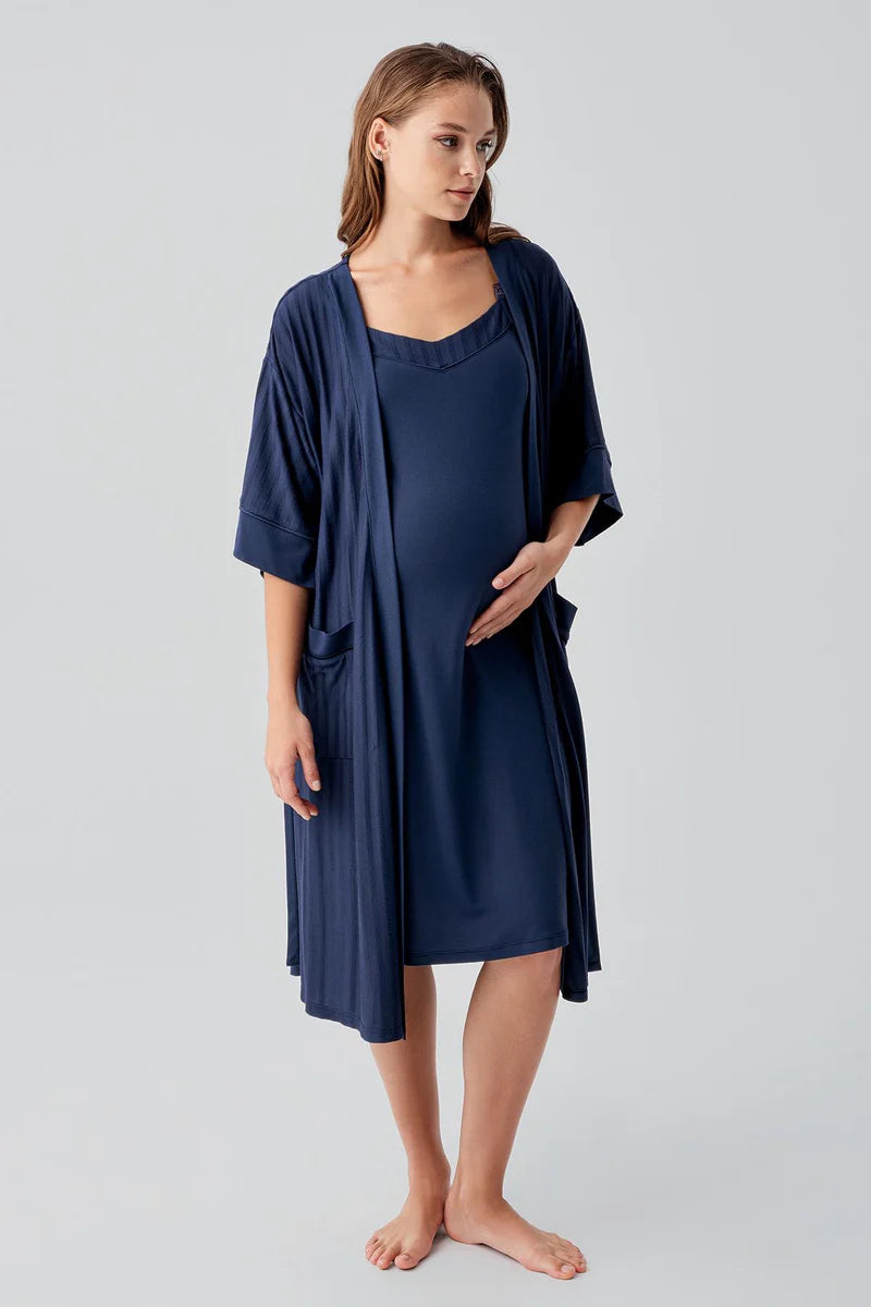 Strappy Stretch Soft Maternity Feeding-Friendly Nightgown & Robe Set Navy Blue - S19407
