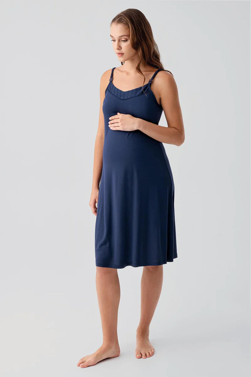 Strappy Stretch Soft Maternity Feeding-Friendly Nightgown & Robe Set Navy Blue - S19407