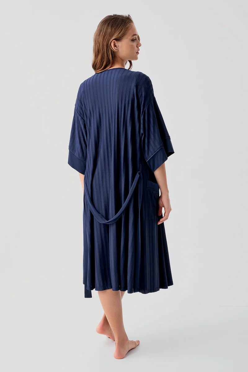 Strappy Stretch Soft Maternity Feeding-Friendly Nightgown & Robe Set Navy Blue - S19407