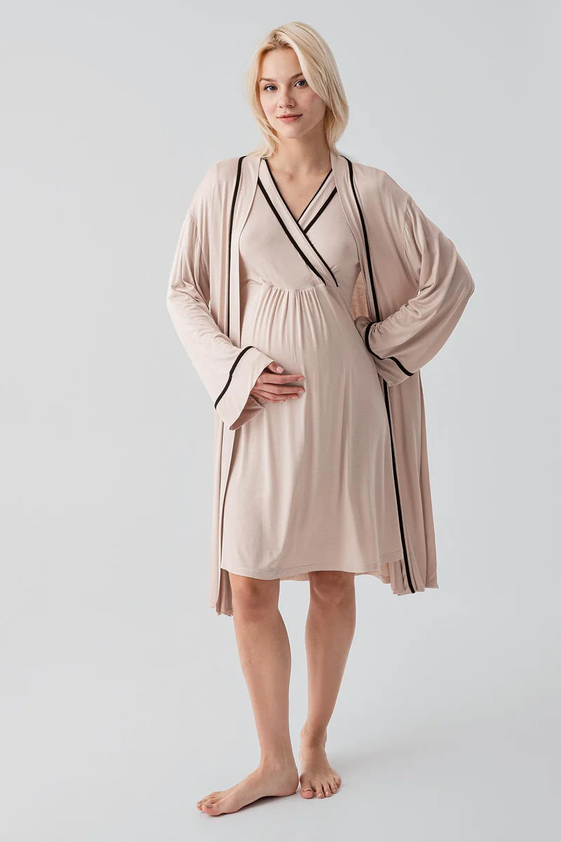 Piped Wrap 4-Piece Maternity Feeding-Friendly Set Beige - S417217