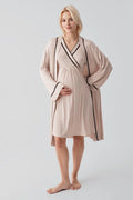 Piped Wrap Maternity Feeding-Friendly Nightgown & Robe Set Beige - S19417