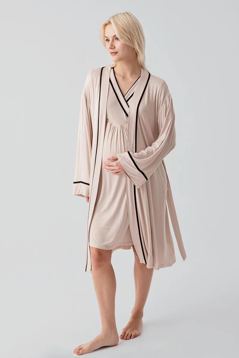 Piped Wrap Maternity Feeding-Friendly Nightgown & Robe Set Beige - S19417