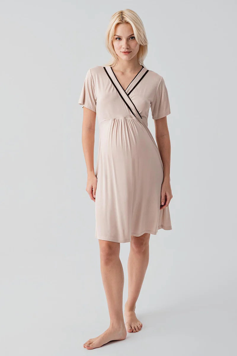 Piped Wrap Maternity Feeding-Friendly Nightgown & Robe Set Beige - S19417