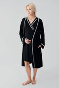 Piped Wrap Maternity Feeding-Friendly Nightgown & Robe Set Black - S19417