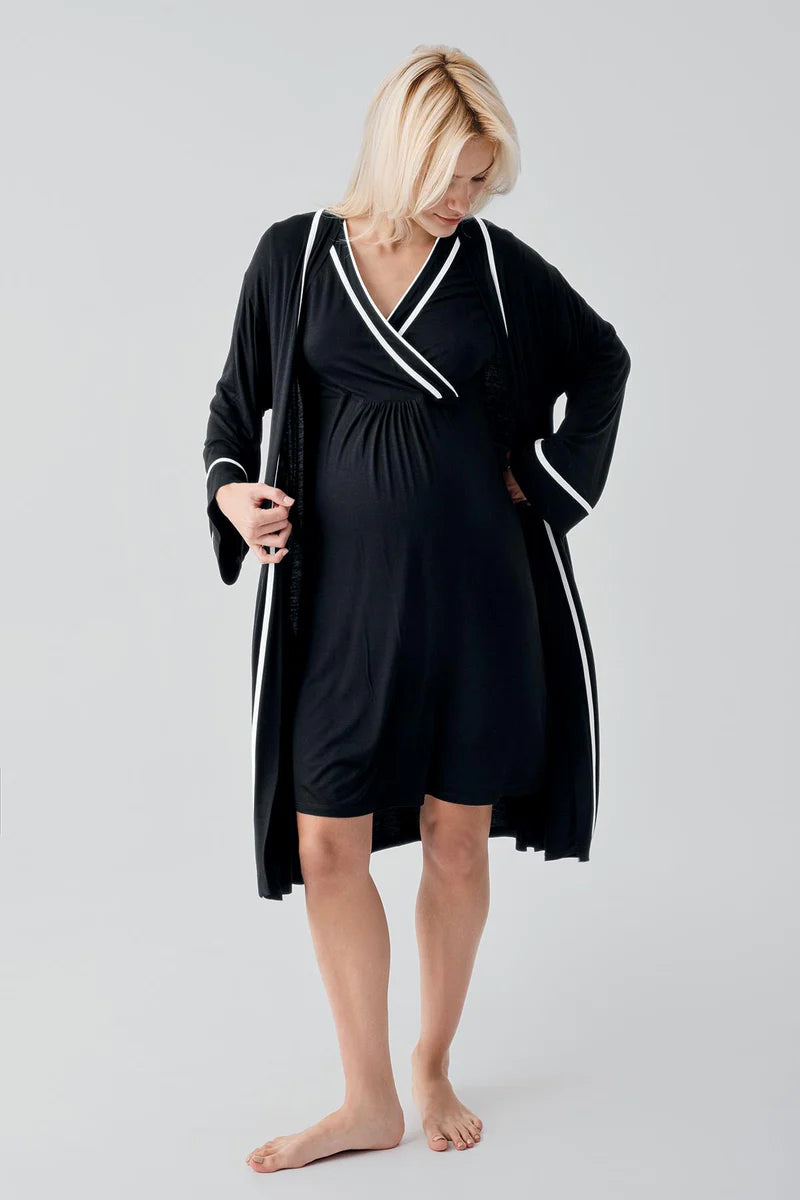 Piped Wrap Maternity Feeding-Friendly Nightgown & Robe Set Black - S19417