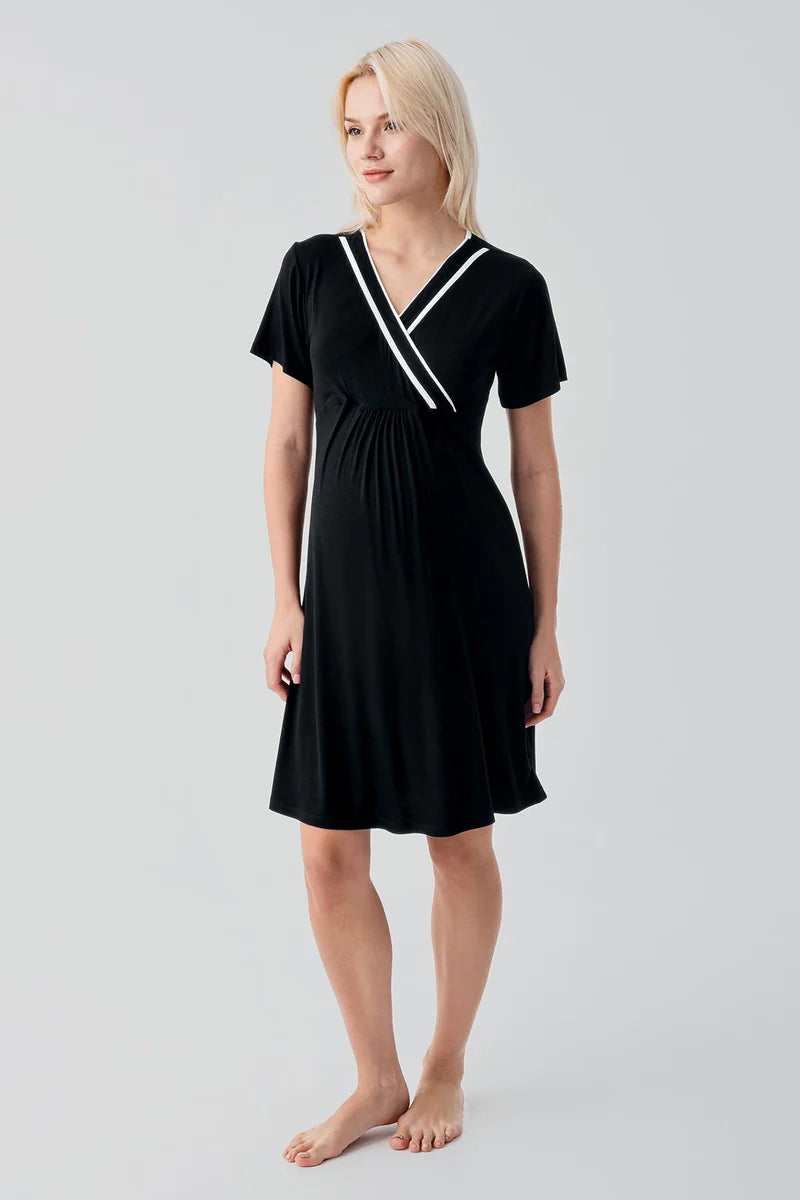Piped Wrap Maternity Feeding-Friendly Nightgown & Robe Set Black - S19417