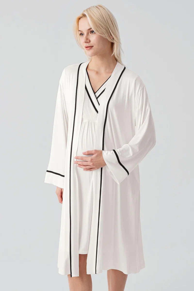 Piped Wrap Maternity Feeding-Friendly Nightgown & Robe Set Ecru - S19417
