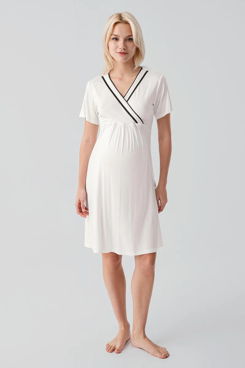 Piped Wrap Maternity Feeding-Friendly Nightgown & Robe Set Ecru - S19417
