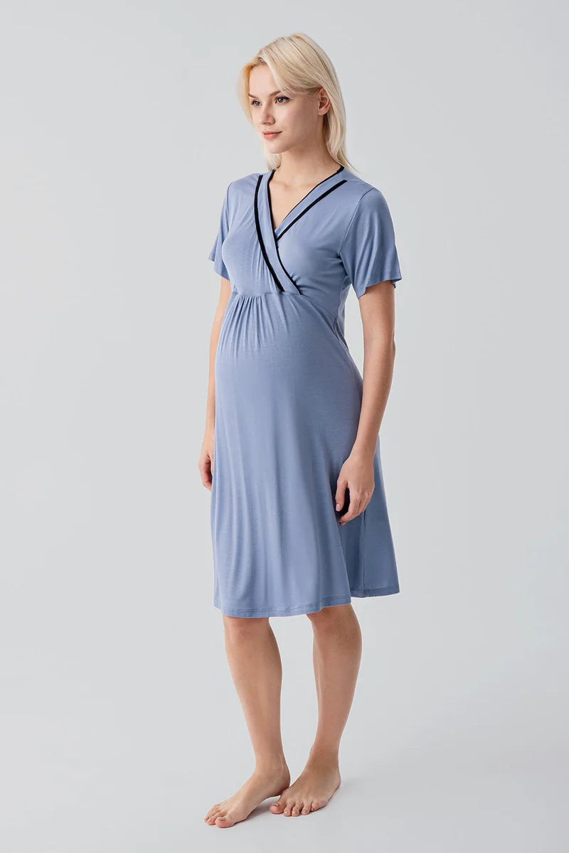 Piped Wrap Maternity Feeding-Friendly Nightgown & Robe Set Indigo - S19417
