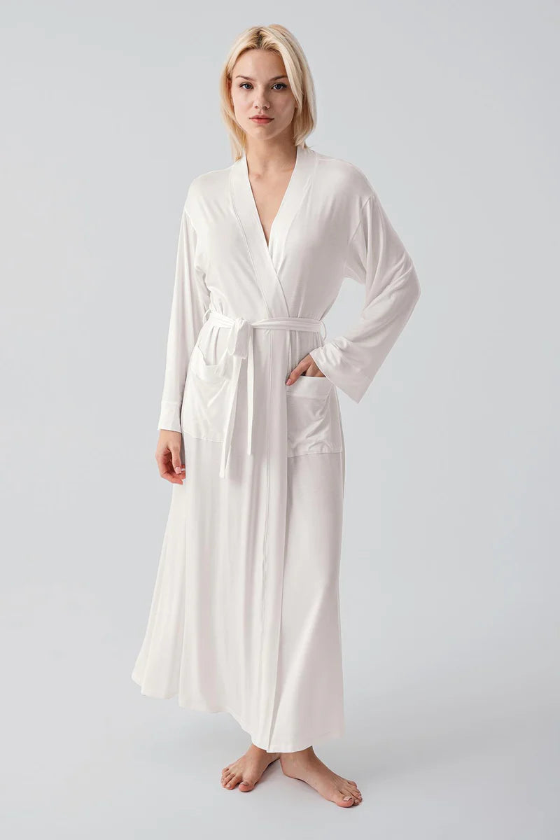 Long Soft Stretch Maternity Robe Ecru - S19500