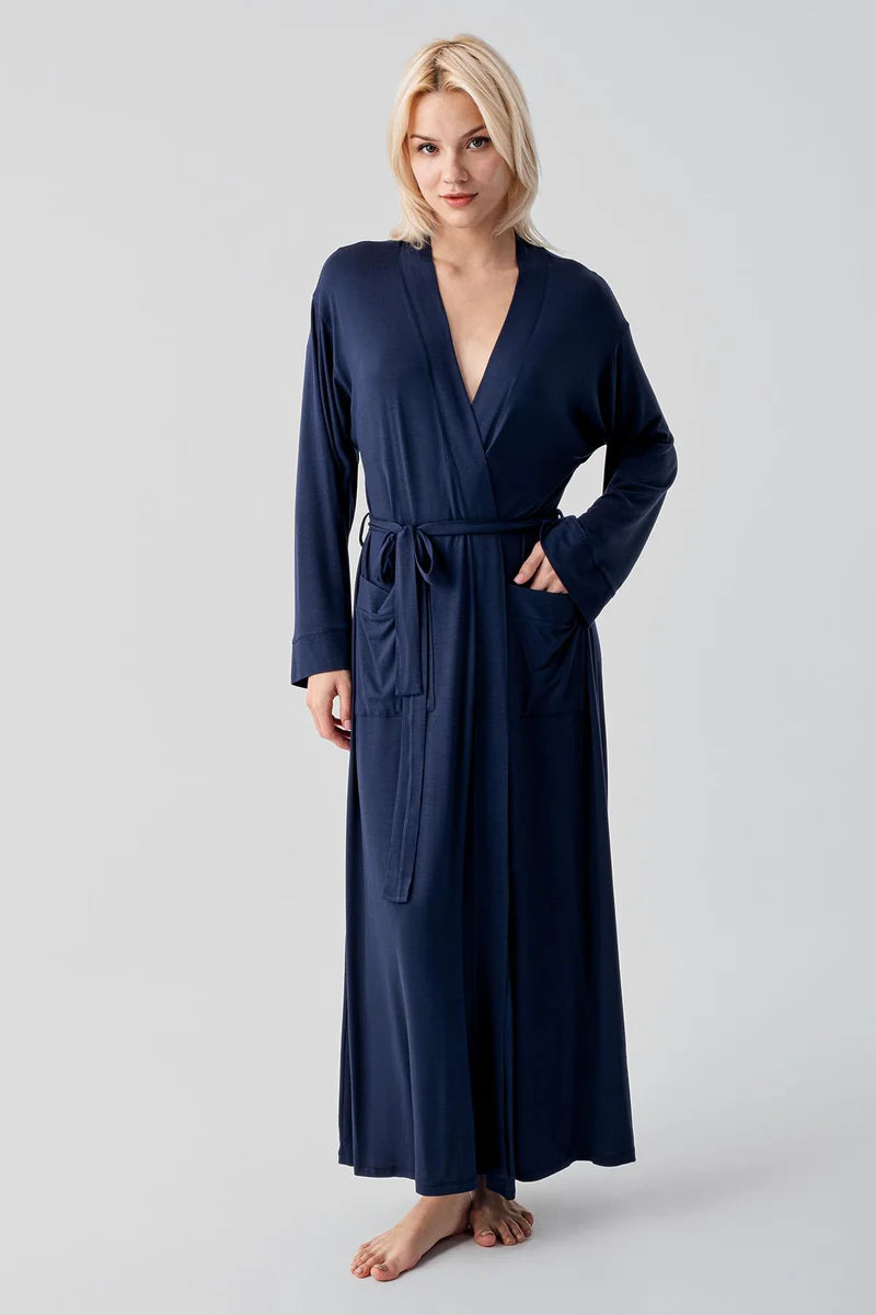 Long Soft Stretch Maternity Robe Navy Blue - S19500