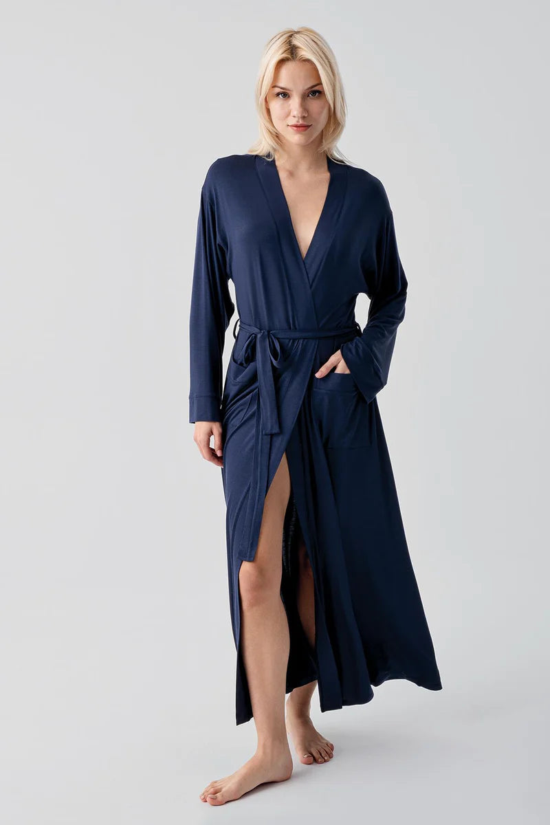 Long Soft Stretch Maternity Robe Navy Blue - S19500