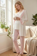 Pink Pleated 3-Piece Maternity Feeding-Friendly Pajama & Robe Set Pink - L2012