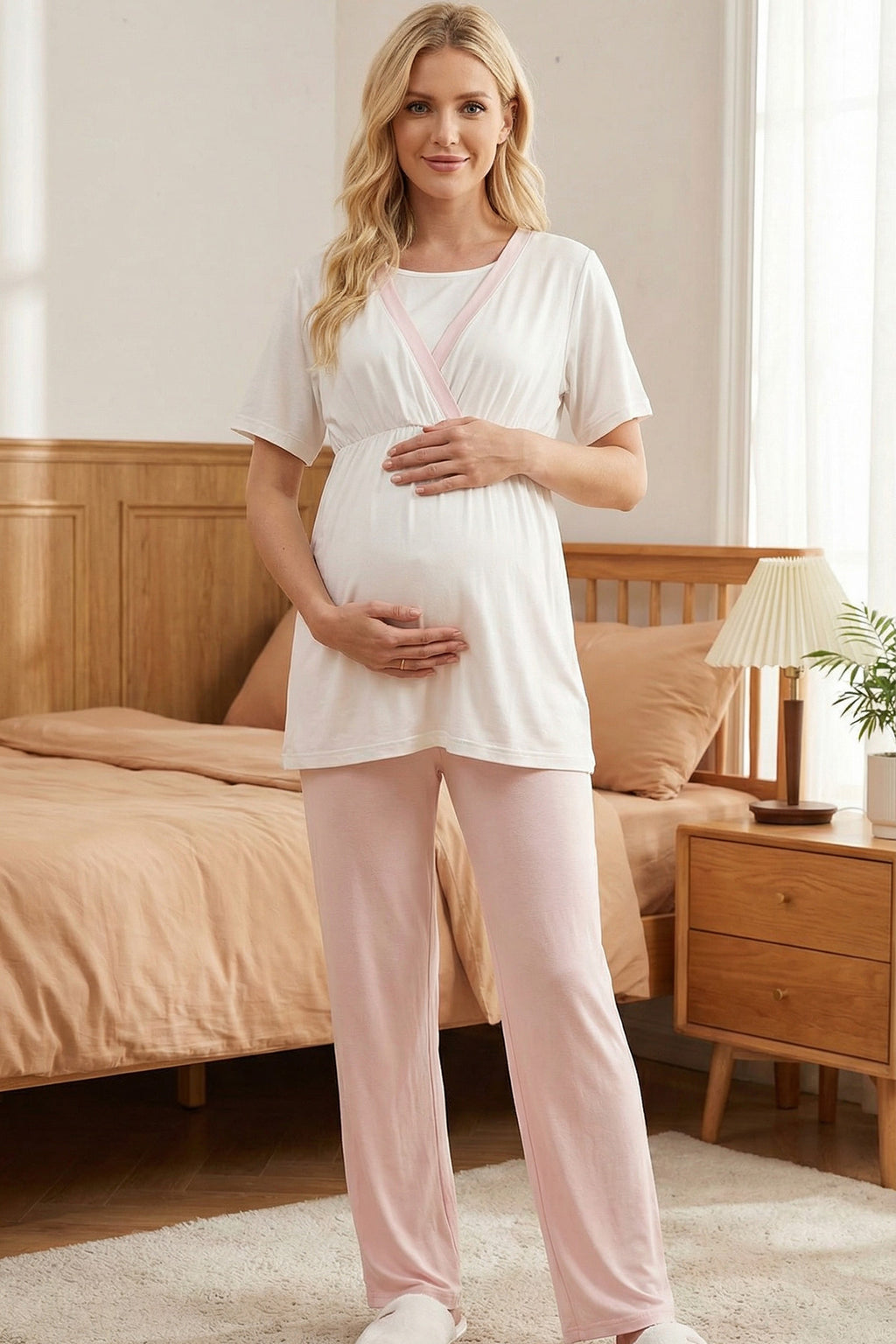 Pink Pleated 3-Piece Maternity Feeding-Friendly Pajama & Robe Set Pink - L2012