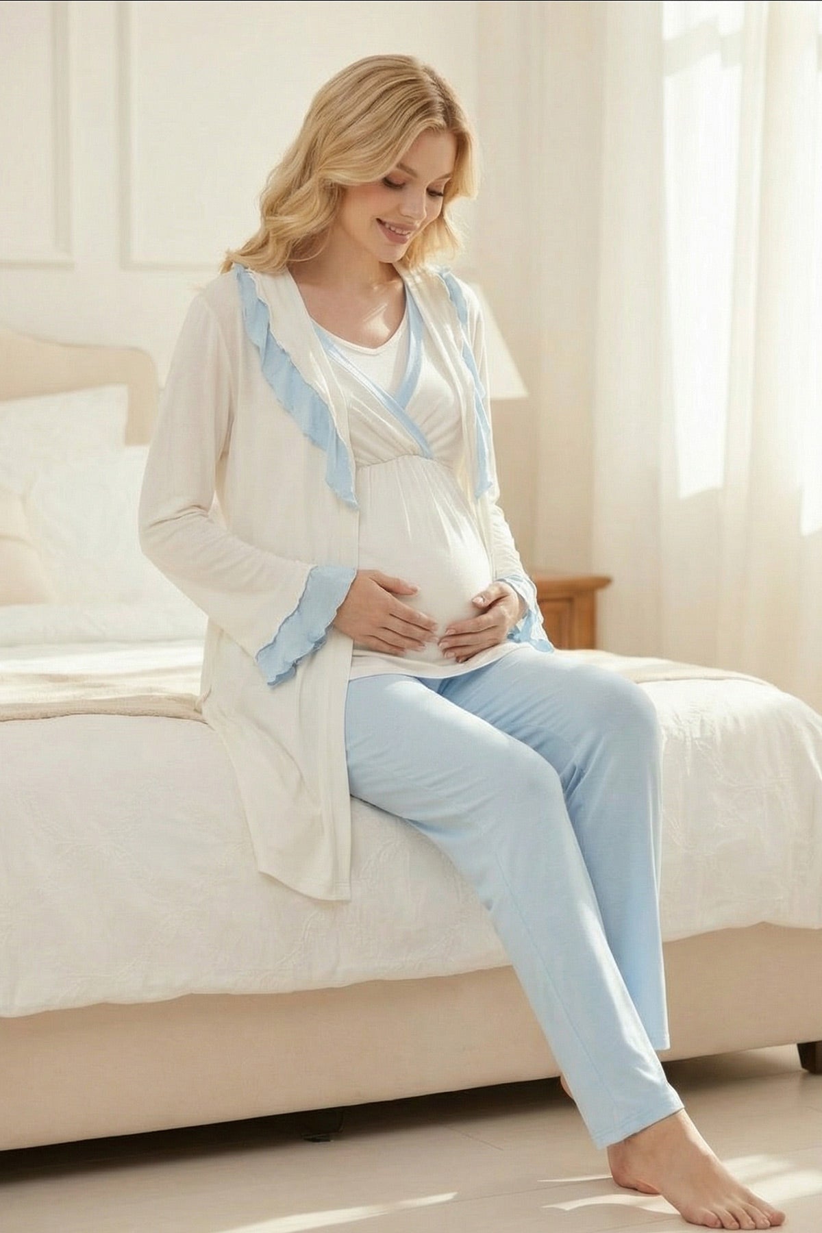 Blue Pleated 3-Piece Maternity Feeding-Friendly Pajama & Robe Set Blue - L2013