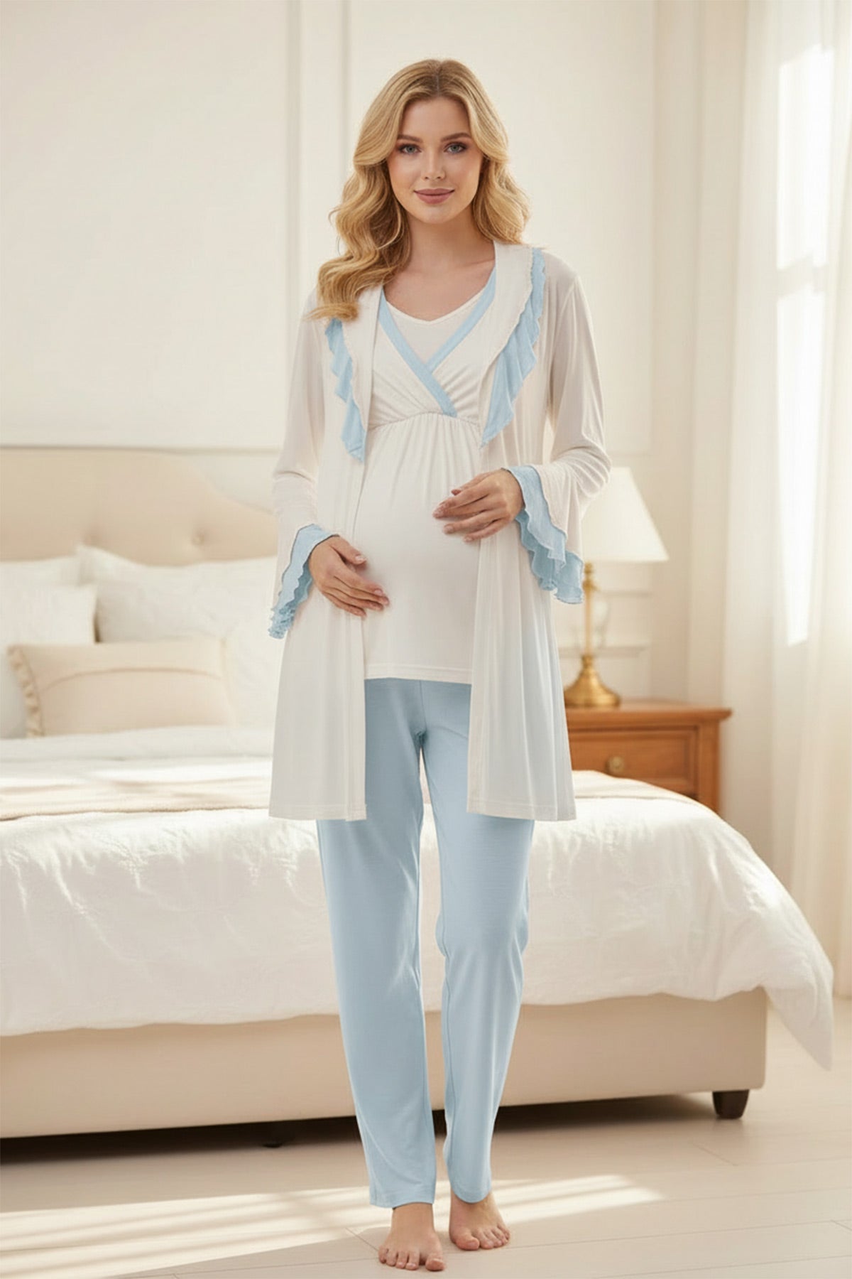 Blue Pleated 3-Piece Maternity Feeding-Friendly Pajama & Robe Set Blue - L2013