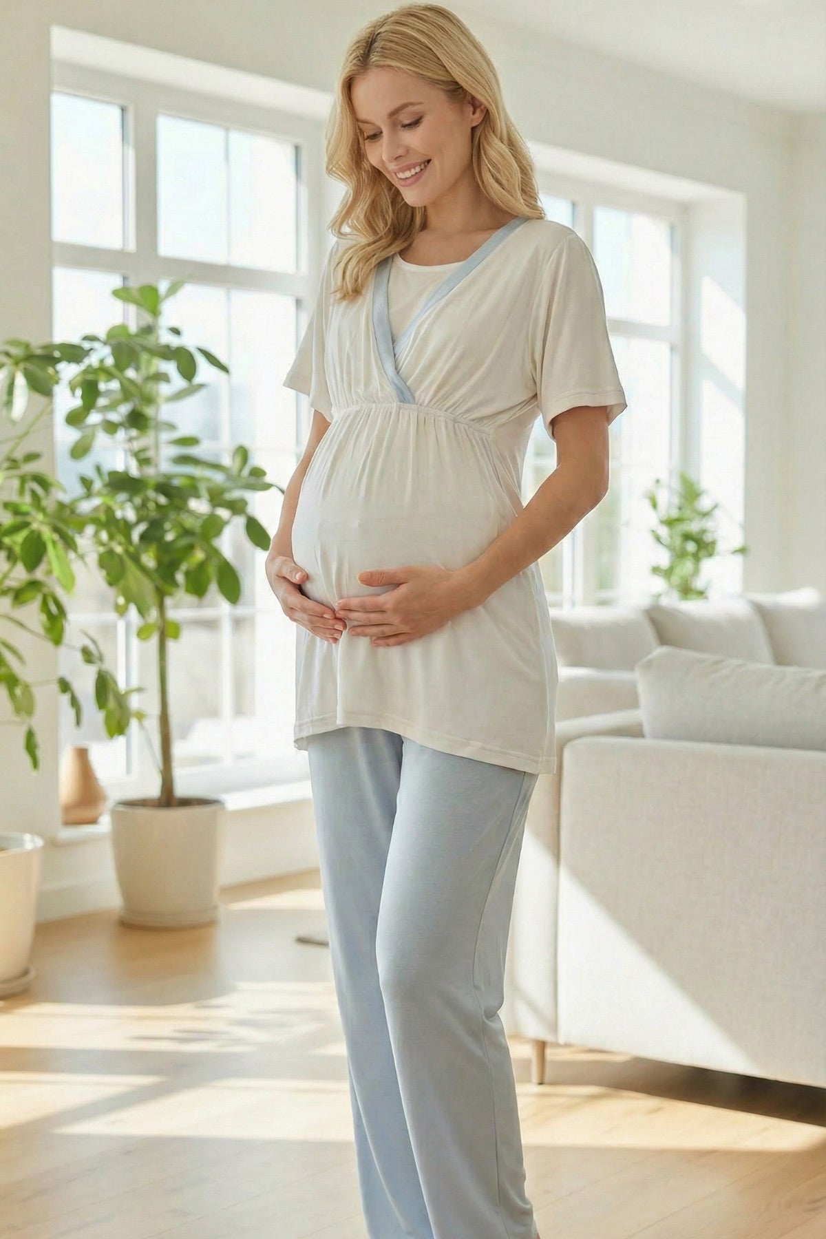 Blue Pleated 3-Piece Maternity Feeding-Friendly Pajama & Robe Set Blue - L2013