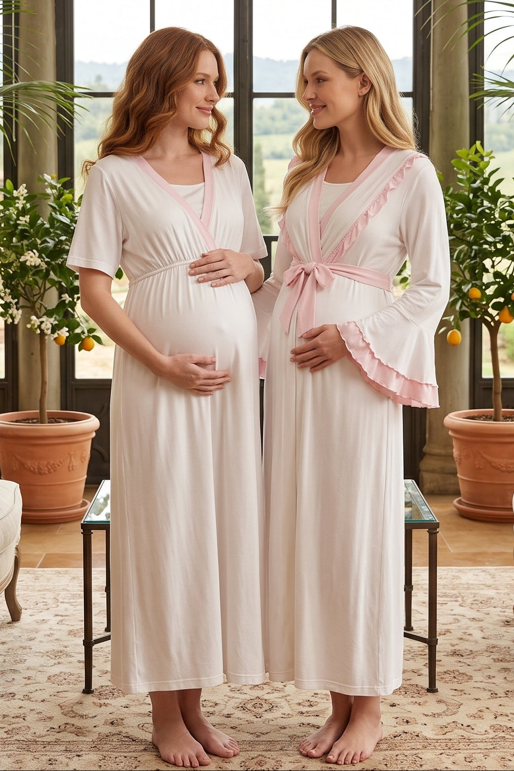 Pink Pleated Maternity Feeding-Friendly Nightgown & Robe Set Pink - L2021