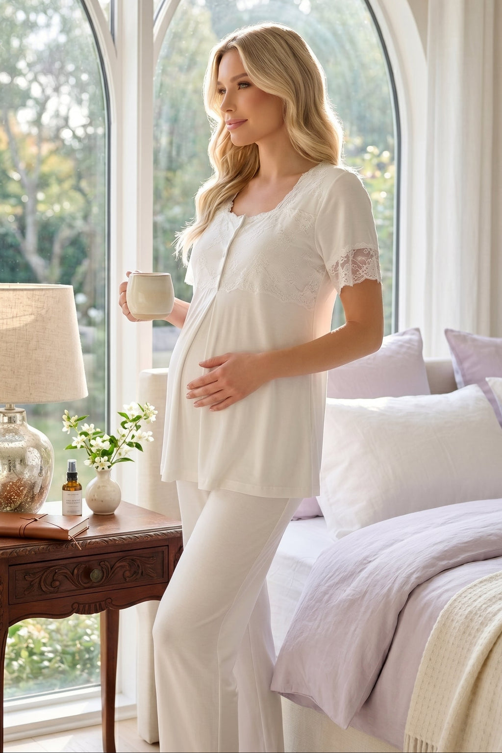 Lace Detailed 3-Piece Maternity Feeding-Friendly Pajama & Robe Set Ecru - L2025