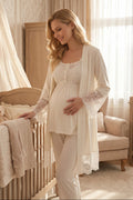 Lace Detailed 3-Piece Maternity Feeding-Friendly Pajama & Robe Set Ecru - L2025