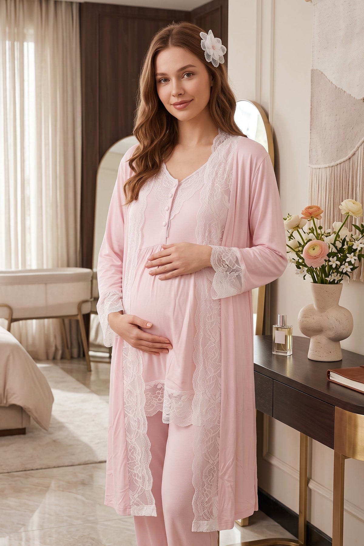 Elegant Lace Detailed 3-Piece Maternity Feeding-Friendly Pajama & Robe Set Pink - L2030