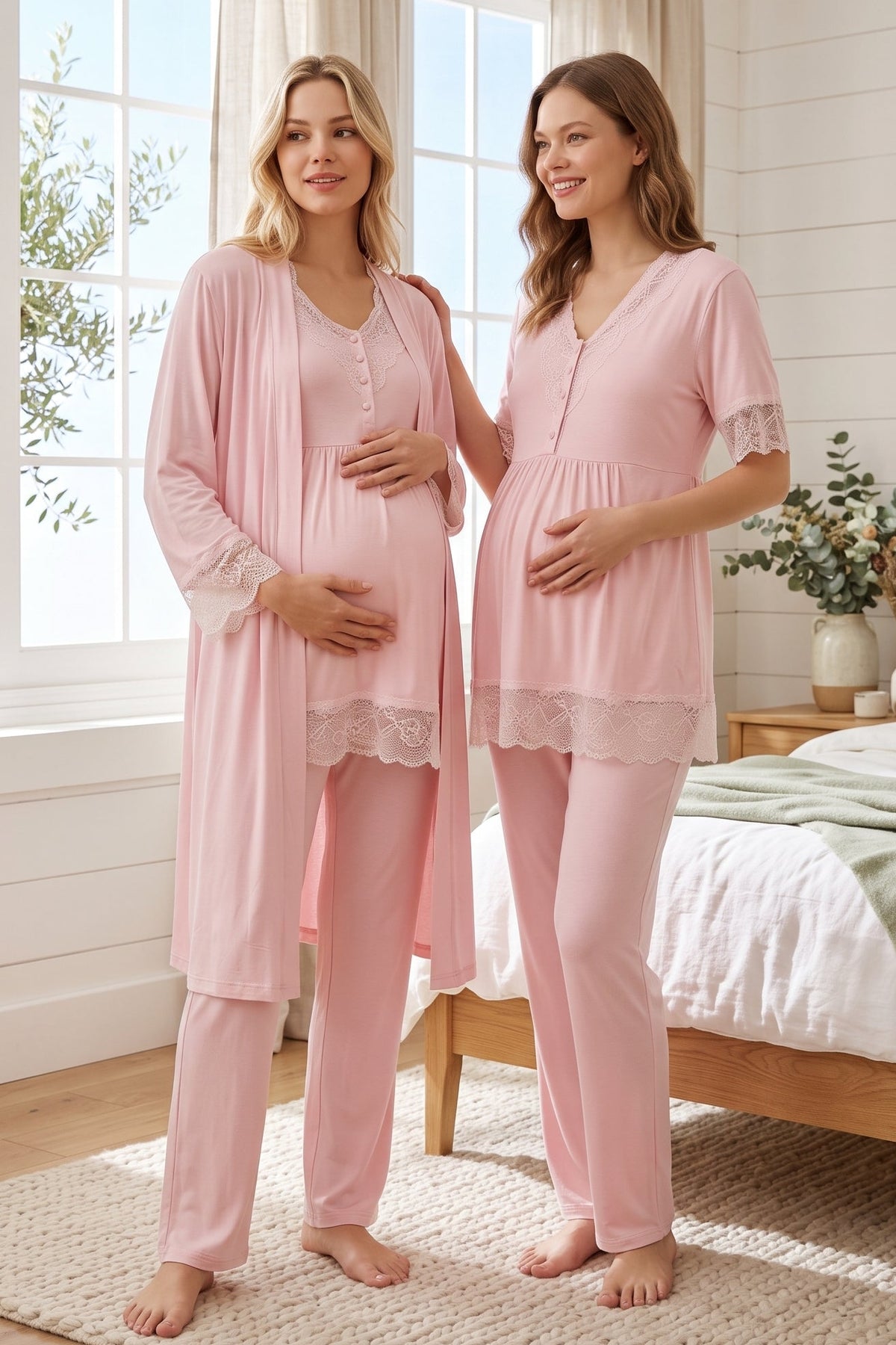 Elegant Lace Detailed 3-Piece Maternity Feeding-Friendly Pajama & Robe Set Pink - L2030